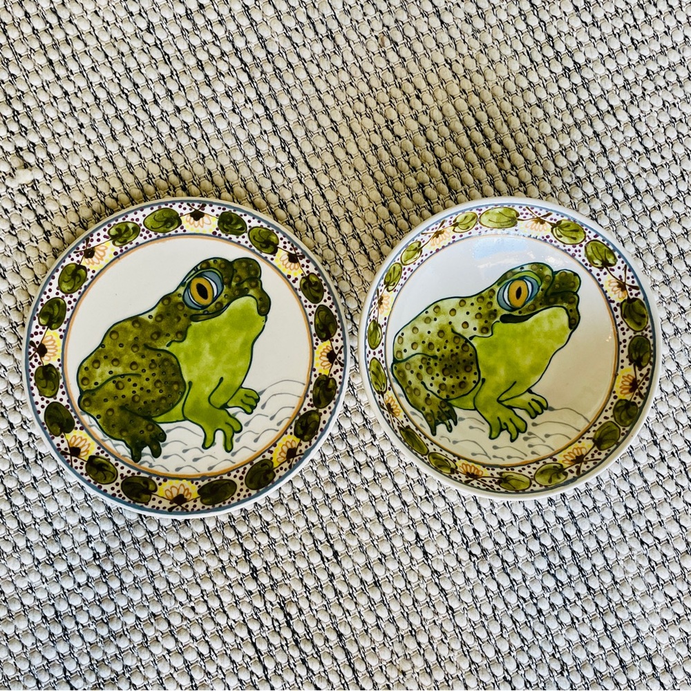 Rothwoman Handpainted Frog Serving Bowl & Platter Set Vintage Green White Funky